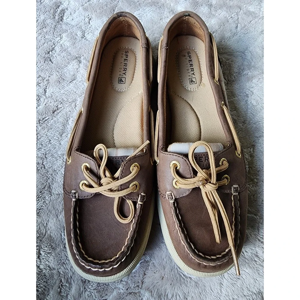 Sperry Angelfish Brown Leather Plaid Boat Shoes Womens 7 STS90332
